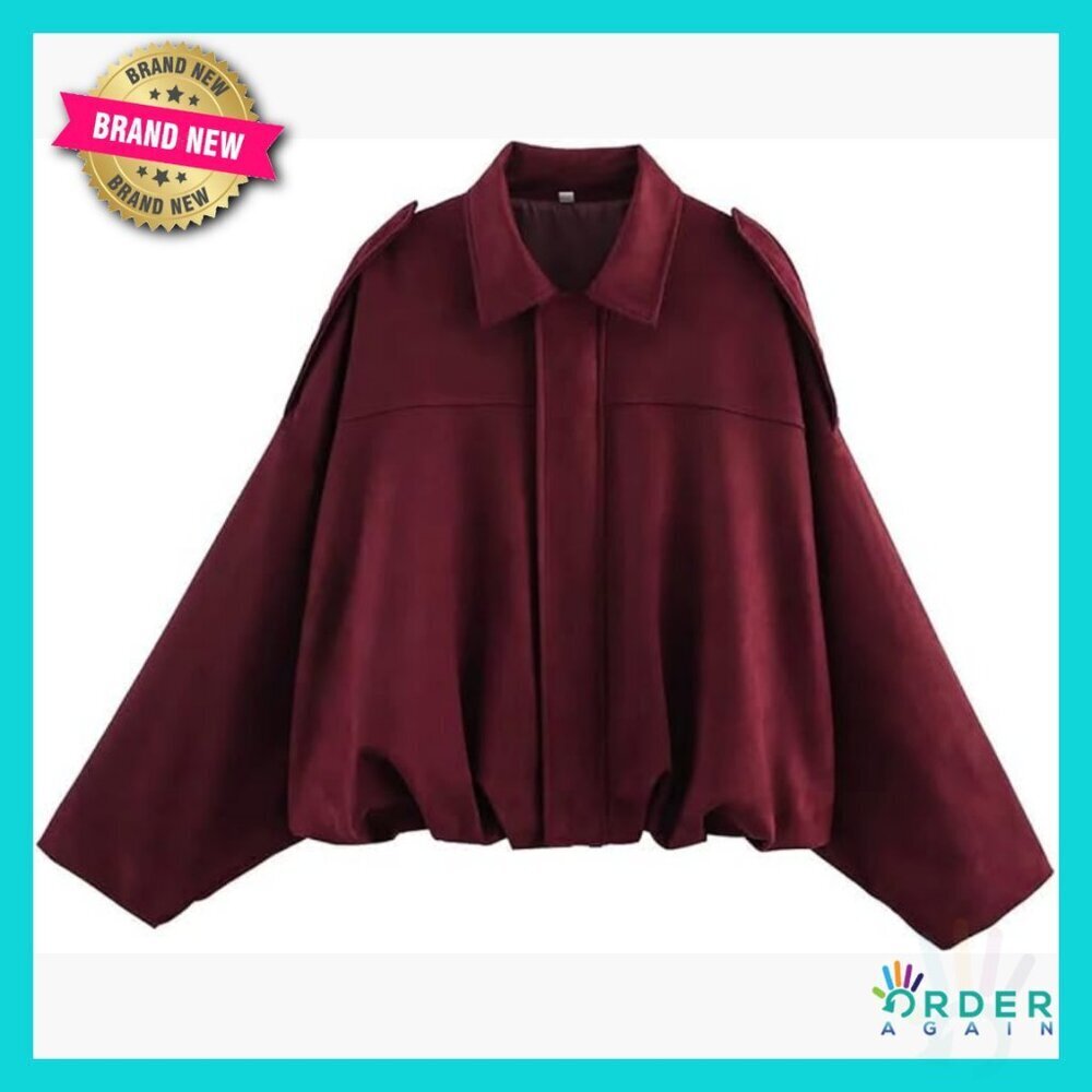 Oversized Faux Suede Bomber Jacket Long Sleeve Lapel Collar Zip Up Casual